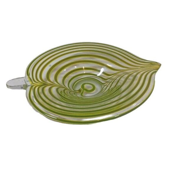 Mid Century Murano Centerpiece Bowl Tyra Lundgren Leaf Stripes Green Yellow - Picture 13 of 16